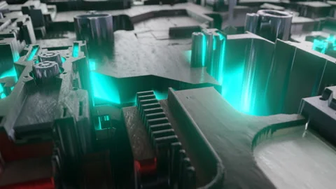 Moving under Futuristic sci-fi metal glowing light wall, 3D rendering. Abstract Stock Footage 169446474