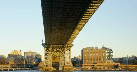 Moving Under Manhattan Bridge Travelling In Hudson River By New York Skyline Stock Footage 112197838