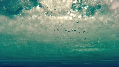 Moving under solid mass of ice in blue ocean in evening light Stock Footage 311568310