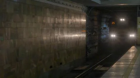 Moving underground train. The arrival of the subway train at the station. Cit Stock Photos