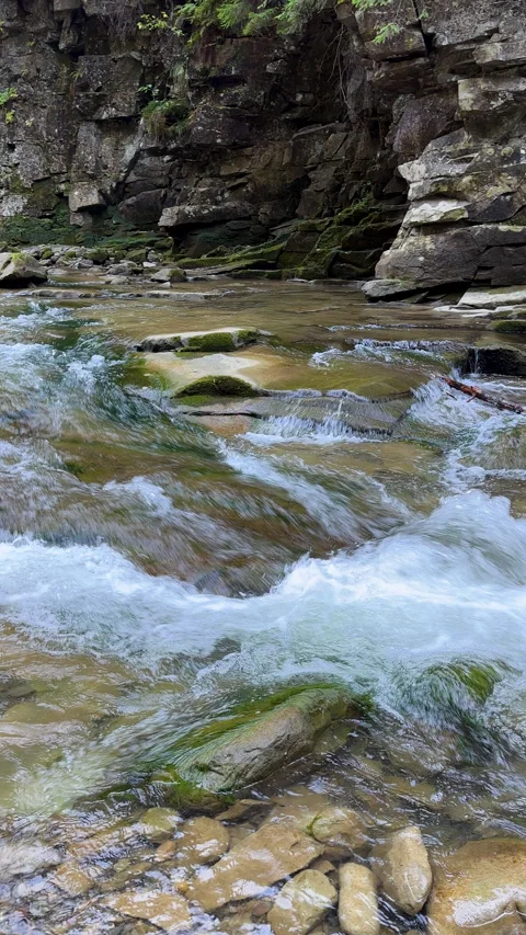 Moving vertical footage of rapid flow and whirlpools of a mountain river close Video stock 285345172