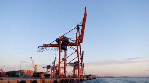 Moving video between Container Cranes in Kadıköy Port. Long shot. Stock Footage 124231324