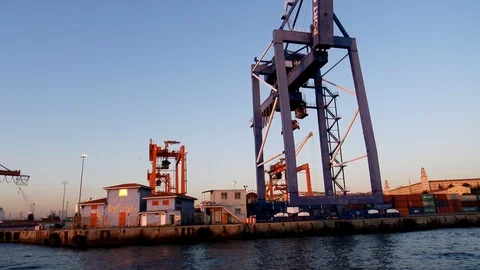 Moving video between Container Cranes in Kadıköy Port. Stock Footage 124231388