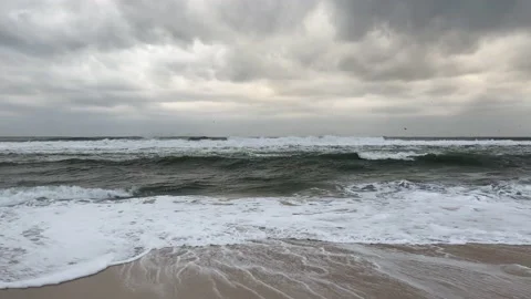 Moving View on high waves on the empty coast of the Atlantic Ocean. 4K Stock Footage 229395192