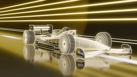 Moving virtual camera approaching wireframe formula car in tunnel, emphasizing Stock Footage 337904256