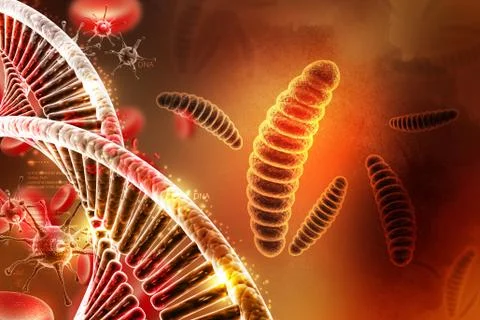 Moving virus with dna and platelets in color background Stock Illustration