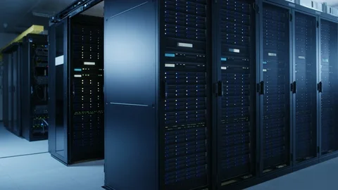 Moving Walkthrough Shot of Modern Data Center With Multiple Rows of Server Racks Stock Footage 101175946