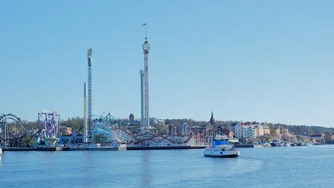 Moving waterfront view of Grona Lund Amusement Park, Stockholm, Sweden Video stock 312148002