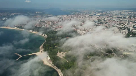 Moving white clouds blue sky on coastline sea scenic aerial view Varna, Bulgaria Stock Footage 157820047