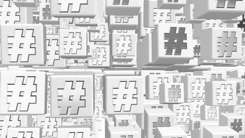 Moving White cubes with hashtags Stock Footage 132129405