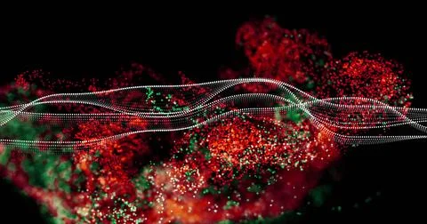 Moving white dotted waveform undulating across virtual void, with red and green Stock Illustration