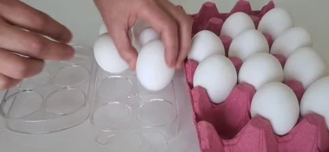Moving white eggs from pink carton to transparent plastic container. 動画素材 334615734