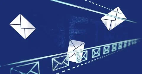 Moving white envelope cluster flowing along neon dotted lines in network map, Illustrazione stock