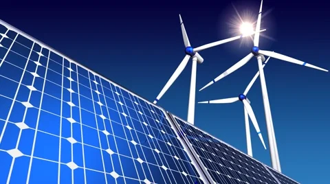 Moving wind turbines behind solar panels Stock Footage 50214510