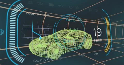 Moving wireframe car model sliding through virtual grid tunnel, with speed Stock Illustration