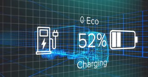 Moving wireframe semi-truck in virtual 3D grid, showing EV charging icon, Illustrazione stock
