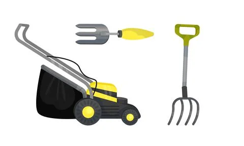 Mower and Fork as Garden Tools and Equipment Vector Set Stock Illustration