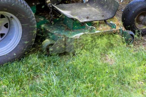 Mowing grass with lawnmower in backyard setting Stock Photos