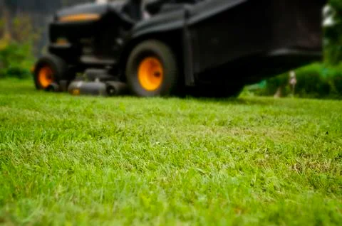 Mowing grass, tractor in the background, depth of focus Stock Photos