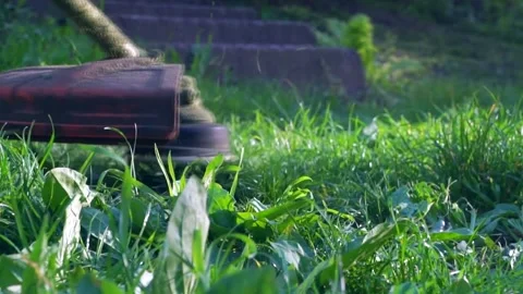 Mowing green grass with a trimmer, video with sound Stock Footage 240663118