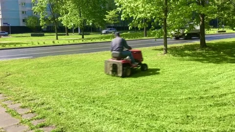Mowing the lawn with a lawn mower Stock Footage 130460286