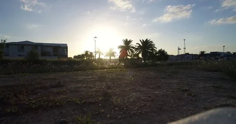 Mowing long grass with sunset behind Stock Footage 75956670