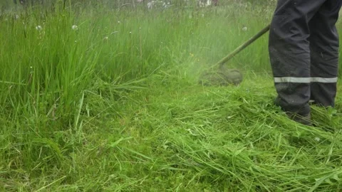Mows grass with a trimmer. Slow motion Stock Footage 132021482