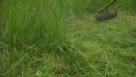 Mows grass with a trimmer. Slow motion Stock Footage 132021493