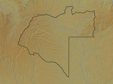 Moxico, Angola. Colored elevation map with lakes and rivers Stock Illustration