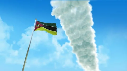 Mozambique Flag 3D Render Animation on Pole with Fighter Jets Smoke Trails i Video stock 333230336