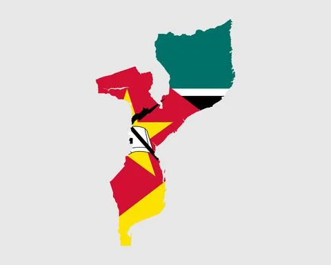 Mozambique Flag Map. Map of the Republic of Mozambique with Mozambican banner Illustrazione stock
