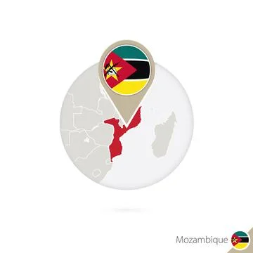 Mozambique map and flag in circle. Map of Mozambique, Mozambique flag pin. .. Stock Illustration