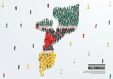 Mozambique Map and Flag. A large group of people in the Mozambique flag color. Stock Illustration