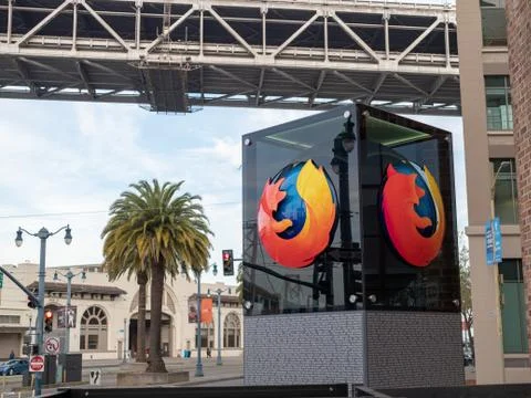 Mozilla Firefox logo outside of San Francisco location with palm tree in back Stock Photos
