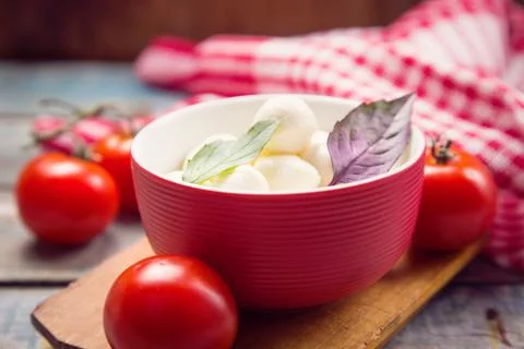 Mozzarella and basilicas Stock Photos