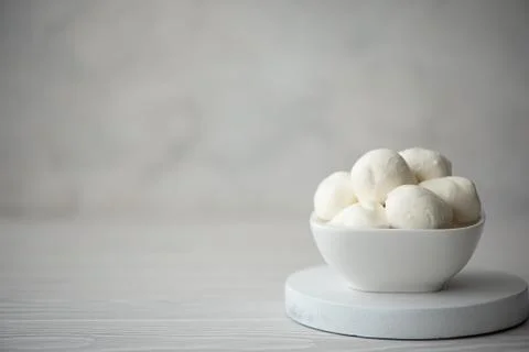 Mozzarella cheese balls in a white bowl Stock Photos