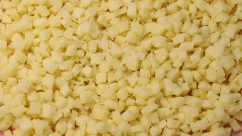 Mozzarella cheese cubes, rotation in a circle. Fresh tasty cheese, turning. Stock Footage 281069609