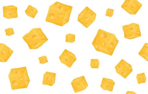 Mozzarella cheese pattern, yellow gouda cubes in motion. Pieces of parmesan o Stock Illustration
