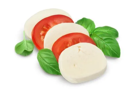 Mozzarella cheese sliced with basil leaf and tomato isolated on white background Stock Photos
