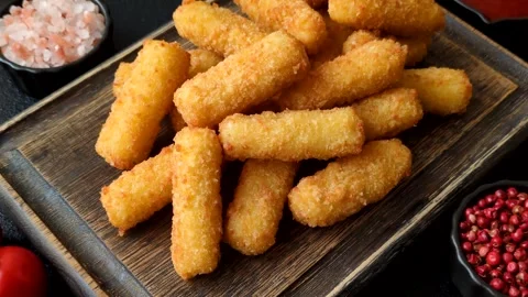 Mozzarella cheese sticks, breaded and fried with salt and tomato sauce, for take Stock Footage 337345519