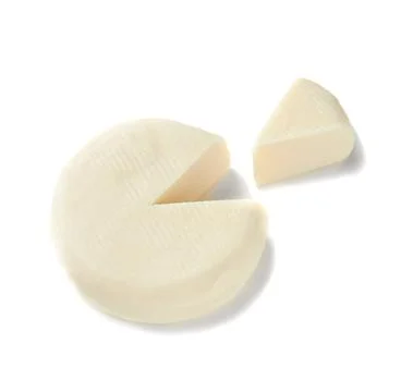 Mozzarella cheese without packaging. A piece of triangular shape has been cut Stock Photos