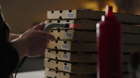 Mozzarella Cooking Staff Professionally Scanning Barcode with Electronic Sca Stock Footage 247663091