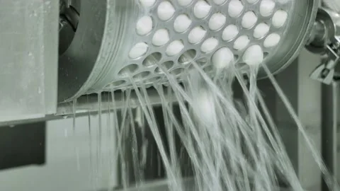 Mozzarella mini cheese making, industrial molding machine, food processing Stock Footage 134194707