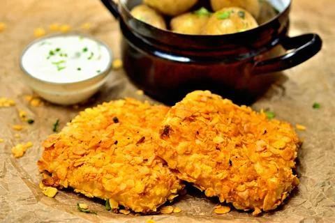 Mozzarella wrapped in cornflake, boiled potatoes greased with butter and herbs Stock Photos