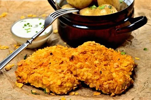 Mozzarella wrapped in cornflake, boiled potatoes greased with butter and herbs Stock Photos