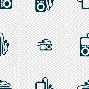 MP3 player, headphones, music icon sign. Seamless pattern with geometric text Stockillustratie