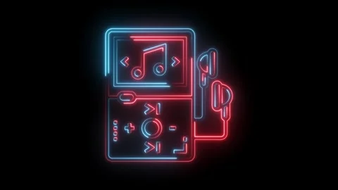 Mp3 player with headphones neon light effect retro technology style on black Stock Footage 322990197