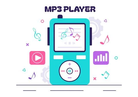 MP3 Player Vector Illustration featuring Musical Notations, Headphones, Hea.. Stock Illustration