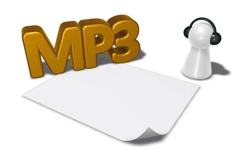 Mp3 tag, blank white paper sheet and pawn with headphones - 3d rendering Illustrazione stock