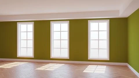 Mpty Khaki Interior with Three Large Windows, Light Glossy Herringbone Parquet Stock Illustration